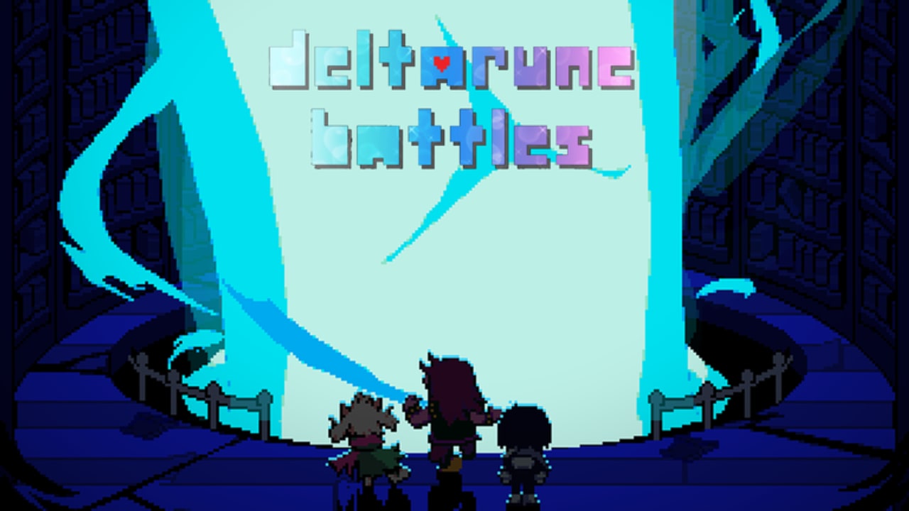 Fun Gang standing before a glowing fountain on the DELTARUNE Fight title screen