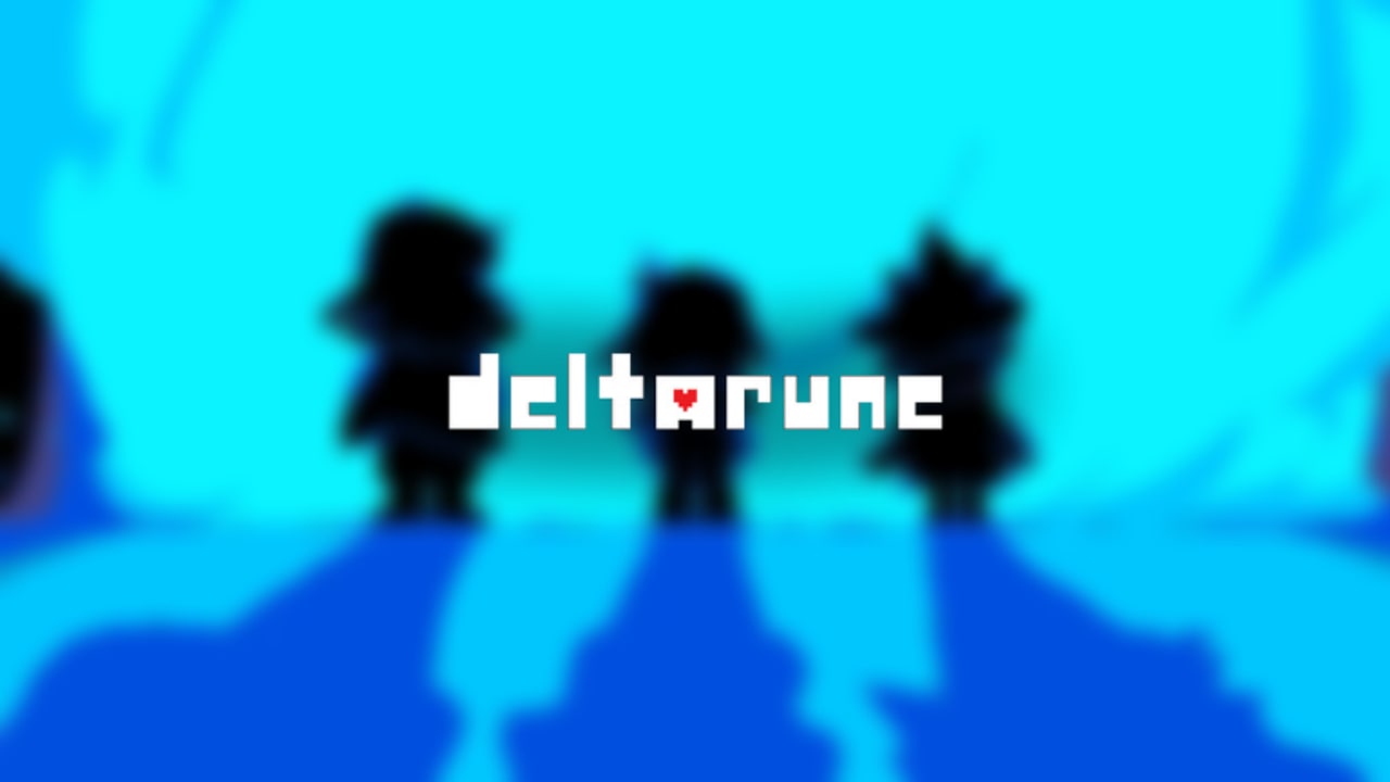Silhouettes of Kris, Susie, and Ralsei walking through a cyan Castle Town scene